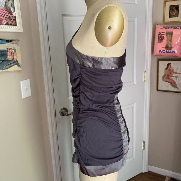 DREAM CULTURE Gunmetal Gray Y2K Satin trim Ruched One Shoulder club Tank *MED* - Picture 3 of 5
